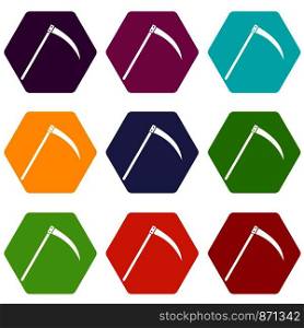 Scythe icon set many color hexahedron isolated on white vector illustration. Scythe icon set color hexahedron