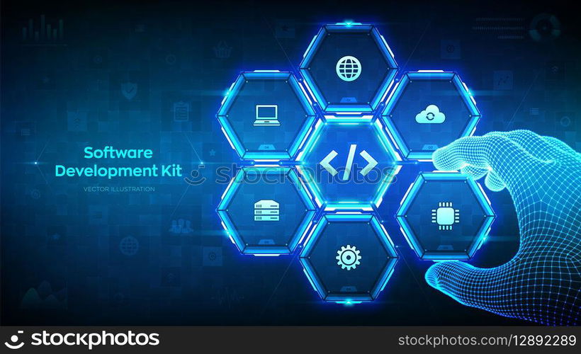 SDK. Software development kit programming language technology concept on virtual screen. Programming code. Wireframe hand places an element into a composition visualizing SDK. Vector illustration. SDK. Software development kit programming language technology concept on virtual screen. Programming code. Wireframe hand places an element into a composition visualizing SDK. Vector illustration.