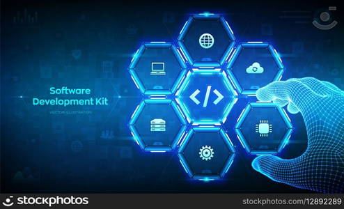 SDK. Software development kit programming language technology concept on virtual screen. Programming code. Wireframe hand places an element into a composition visualizing SDK. Vector illustration. SDK. Software development kit programming language technology concept on virtual screen. Programming code. Wireframe hand places an element into a composition visualizing SDK. Vector illustration.