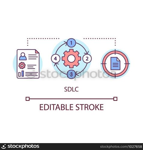 SDLC concept icon. Software development life cycle. Project management. Administration of company. Business plan idea thin line illustration. Vector isolated outline drawing. Editable stroke