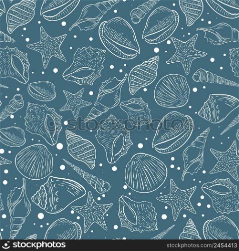 Sea abyss with seashell seamless pattern. Background white silhouette oceanic mollusks on blue background. Template for fabric, wrapping, wallpaper and design vector illustration