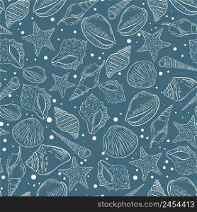 Sea abyss with seashell seamless pattern. Background white silhouette oceanic mollusks on blue background. Template for fabric, wrapping, wallpaper and design vector illustration