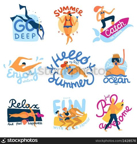 Sea activities emblems set with summer symbols flat isolated vector illustration. Sea Activities Emblems Set