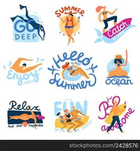 Sea activities emblems set with summer symbols flat isolated vector illustration. Sea Activities Emblems Set