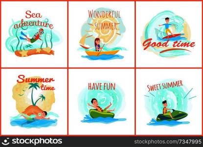 Sea adventure and summer collection of banners and headlines, scuba diving and boating, surfing and sea adventure of summer set vector illustration. Sea Adventure and Summer Set Vector Illustration
