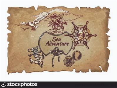 Sea adventure nautical design elements ancient pergament poster with steering wheel and anchor handdrawn vector illustration