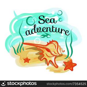 Sea adventure poster with shell lying in deep ocean with starfishes and underwater world plants marine background vector illustration. Sea Adventure Poster with Shell Lies in Deep Ocean
