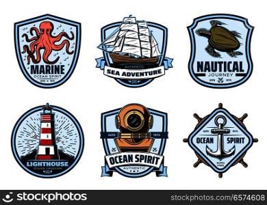 Sea adventure vintage label of nautical heraldic design. Marine anchor, helm and sailing ship, lighthouse, sea turtle and octopus, old diving helmet and ribbon banner for marine club retro badge. Sea adventure vintage label for nautical heraldry