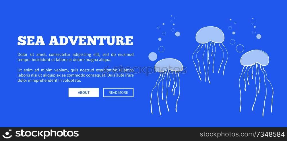 Sea adventure web poster with abstract cartoon jellyfishes sailing in sea or ocean vector illustration with place for your text. Sea Adventure Web Poster with Cartoon Jellyfishes