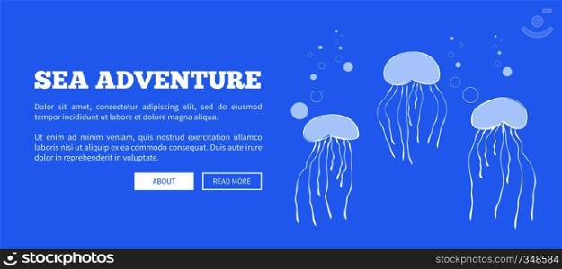 Sea adventure web poster with abstract cartoon jellyfishes sailing in sea or ocean vector illustration with place for your text. Sea Adventure Web Poster with Cartoon Jellyfishes