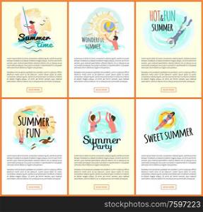 Sea adventures and sweet summer vector, people in water swimming and relaxing at beach. Lady laying in inflatable lifebuoy, scuba diving hobby activity. Sea Adventures and Fun, Websites Set with Text