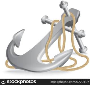 Sea adventures and tourism object. Iron anchor with long rope for boat braking, maritime concept. Equipment for vessel on journey. Metal facility holding ship near coast. Huge steel hook with cord. Iron anchor with long rope for boat braking. Uniforms to hold the ship in place. Fixture for vessel