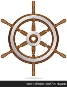 Sea adventures and tourism object. Wooden and metal steering wheel for setting right direction of ship isolated on white background. Nautical cruise and sea travelling. Rudder for boat control. Wooden steering wheel for ship on white background. Rudder for boat control. Adventure sea trip