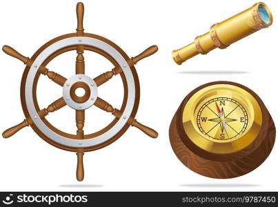Sea adventures and tourism objects set. Marine cruise, ocean journey and sea travelling compass, telescope and metal vintage steering wheel. Essential technologies for any ship travel boat control. Marine, nautical, sea, ocean set. Flat vector compass, spyglass, steering wheel on white background