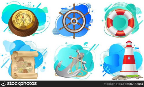 Sea adventures and tourism posters set. Marine cruise and sea travelling, vacation advertising placard with attributes of water travel steering wheel, anchor, old map, lifebuoy, lighthouse, compass. Sea adventures and travel posters set. Marine cruise and sea travelling vacation advertising placard