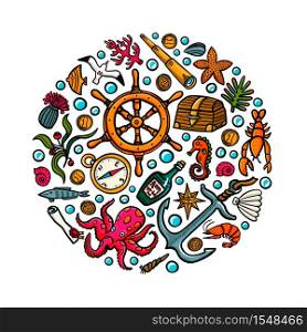 Sea adventures card. Marine hand drawn vector and objects. Doodle style vector illustration. Sea adventures template. Marine hand drawn vector and objects. Doodle style vector illustration