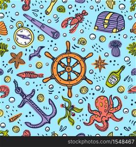 Sea adventures seamless pattern on blue background. Marine objects and creatures. Doodle style vector illustration. Sea adventures card. Marine hand drawn vector objects. Doodle style vector illustration.