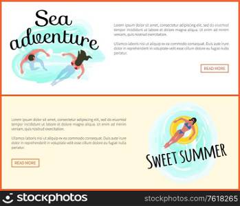 Sea adventures vector, sweet summer people swimming in seawater. Website online with text, female with lifebuoy, couple in water relaxing summertime. Sea Adventures Sweet Summer Website Online Set