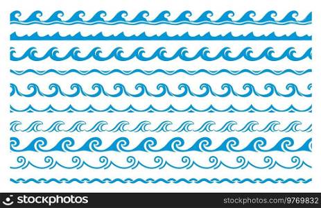 Sea and ocean blue wave line. Water surf borders and frames. Blue wave, river water flow frame divider with wave pattern. Ocean water frame vector separators or dividers. Sea and ocean blue wave line, water borders