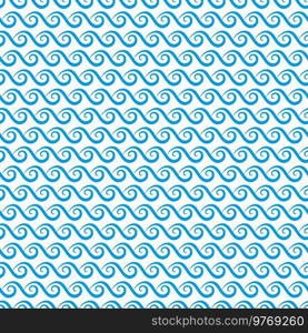 Sea and ocean blue waves seamless pattern. Blue aqua, ocean curly waves or river stream flow fabric or textile summer print, wrapping paper seamless pattern or vector marine background. Sea and ocean blue water waves seamless pattern