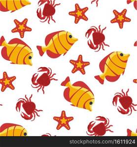 Sea and ocean dwellers seamless pattern, fish and crab, sea star. Friendly characters with faces, marine fauna. Tropical and beach theme, summertime cartoon. Nautical animals, vector in flat style. Aquatic creatures, fish and crab, seastar seamless pattern
