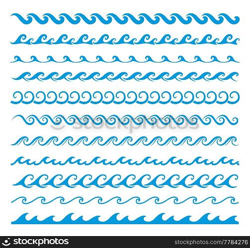 Sea and ocean surf wave line, blue water borders, frames and dividers with nautical pattern. Vector embellishment or decoration with blue curves, swirls and ripples of summer sea waves. Sea and ocean wave line, borders, frames, dividers