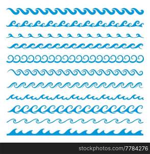 Sea and ocean surf wave line, blue water borders, frames and dividers with nautical pattern. Vector embellishment or decoration with blue curves, swirls and ripples of summer sea waves. Sea and ocean wave line, borders, frames, dividers