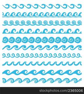 Sea and ocean wave line dividers or borders. Curly and rounded water waves minimalist vector ornaments, nautical or summer marine aqua linear separators, simple wavy patterns. Sea and ocean wave line dividers or borders