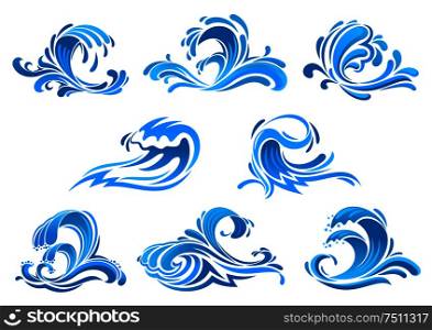 Sea and ocean waves icons set with blue water swirls, surf, splashes and flowing drops. Use as nature emblem, ecology symbol, summer vacation or travel design . Blue sea and ocean waves or surf icons
