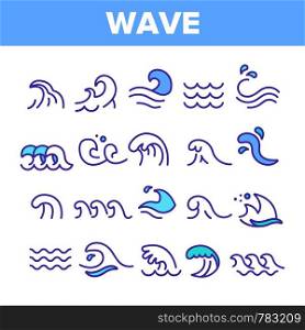 Sea And Ocean Waves Vector Linear Icons Set. Water Splashes, Wave With Foam Outline Symbols Pack. Surfing And Water Sport. Swimming And Sailing. River, Aqua Isolated Contour Illustrations. Sea And Ocean Waves Vector Linear Icons Set