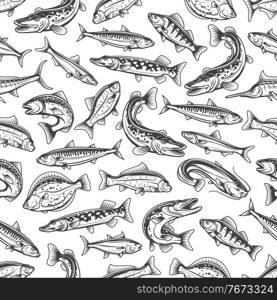 Sea and river fishes seamless pattern. Pike, carp and perch, mackerel, salmon and sardine, tuna, sheatfish and marlin, flounder vector. Seafood, fishing print or background with freshwater, sea fishes. Sea and fiver fishes vector seamless pattern