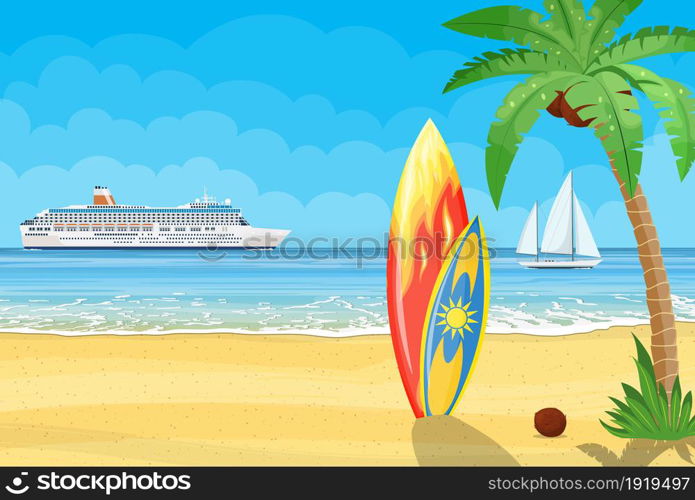 Sea and sand Paradise beach of the sea with cruise ship. Holiday sea summer with colored surfboard. Vector illustration in flat style. surfboards on a beach against a sunny seascape