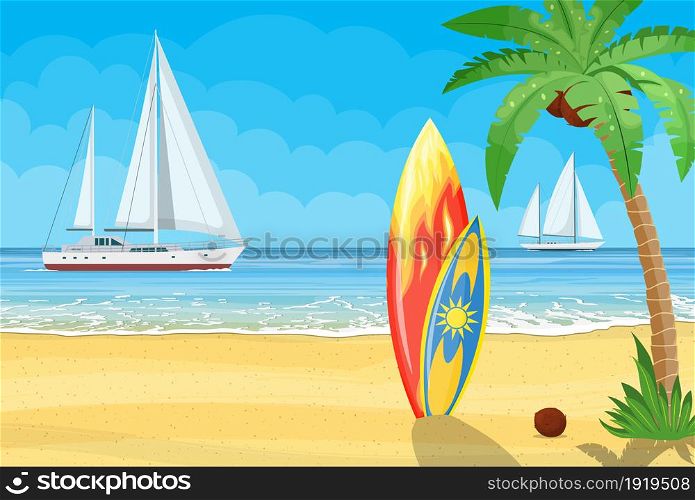 Sea and sand Paradise beach of the sea with yachts. Holiday sea summer with colored surfboard. Vector illustration in flat style. surfboards on a beach against a sunny seascape