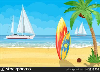 Sea and sand Paradise beach of the sea with yachts. Holiday sea summer with colored surfboard. Vector illustration in flat style. surfboards on a beach against a sunny seascape