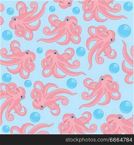 Sea animal octopus decorative pattern on turn blue background. Animal octopus and bubble air on turn blue background