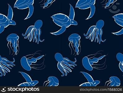 Sea animal seamless pattern background, blue tone image, vector illustration, doodle drawingstyle
