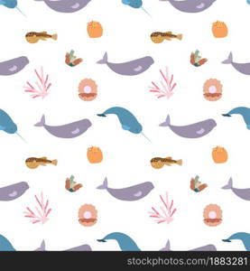 Sea animal seamless pattern with beluga, narwhale, seashell with pearl, coral. Undersea world habitants print. Hand drawn underwater life vector illustration. Funny cartoon marine animals character. Sea animal seamless pattern with beluga, narwhale, seashell with pearl, coral. Undersea world habitants print.