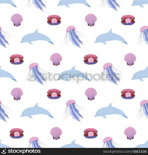 Sea animal seamless pattern with jellyfish, dolphin and seashell. Undersea world habitants print. Hand drawn underwater life vector illustration. Funny cartoon marine animals. Sea animal seamless pattern with jellyfish, dolphin and seashell. Undersea world habitants print.