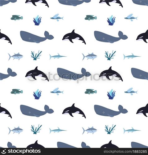 Sea animal seamless pattern with killer whale, sperm whale, tuna and coral. Undersea world habitants print. Hand drawn underwater life vector illustration. Funny cartoon marine animals character. Sea animal seamless pattern with killer whale, sperm whale, tuna and coral. Undersea world habitants print.