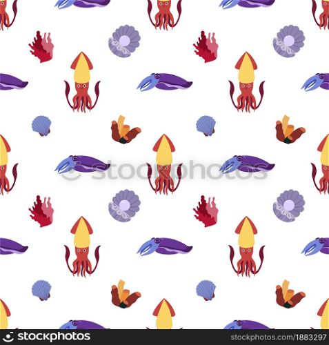 Sea animal seamless pattern with squid and cuttlefish, seashell with pearl and coral. Undersea world habitants print. Hand drawn underwater life vector illustration. Funny cartoon marine animals. Sea animal seamless pattern with squid and cuttlefish, seashell with pearl and coral. Undersea world habitants print