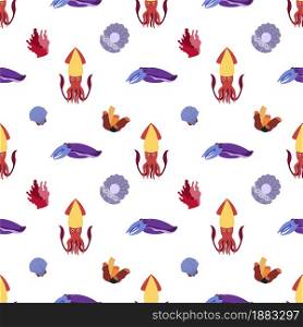 Sea animal seamless pattern with squid and cuttlefish, seashell with pearl and coral. Undersea world habitants print. Hand drawn underwater life vector illustration. Funny cartoon marine animals. Sea animal seamless pattern with squid and cuttlefish, seashell with pearl and coral. Undersea world habitants print