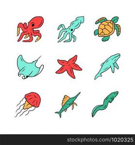 Sea animals color icons set. Swimming octopus, starfish, squid, jellyfish. Marine aquarium. Whale, skate, turtle. Underwater world inhabitants. Floating mollusk and fish. Isolated vector illustrations