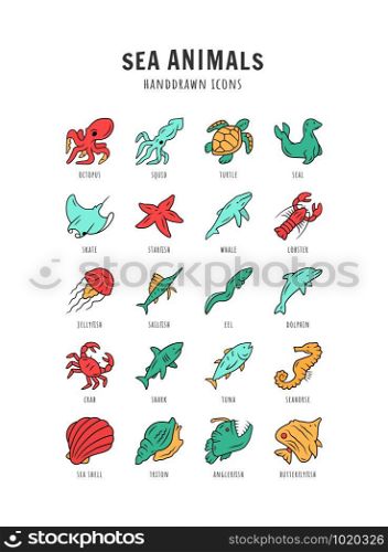 Sea animals color icons set. Turtle, jellyfish, lobster, skate, butterflyfish. Swimming mollusk and fish. Underwater wildlife. Ocean inhabitants. Aquatic creatures. Isolated vector illustrations