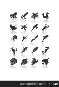 Sea animals drop shadow black glyph icons set. Turtle, jellyfish, lobster, skate, butterflyfish. Swimming fish. Underwater wildlife. Ocean inhabitants. Aquatic creatures. Isolated vector illustrations
