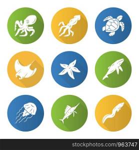 Sea animals flat design long shadow glyph icons set. Swimming octopus, starfish, squid, jellyfish. Marine aquarium. Whale, skate, turtle. Underwater inhabitants. Vector silhouette illustration