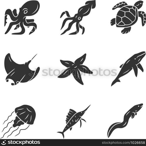 Sea animals glyph icons set. Swimming octopus, starfish, jellyfish. Marine aquarium. Whale, skate, turtle. Underwater inhabitants. Floating fish. Silhouette symbols. Vector isolated illustration