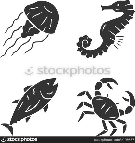 Sea animals glyph icons set. Swimming tuna, crab, seahorse, jellyfish. Seafood restaurant menu. Marine fauna. Undersea world inhabitants. Silhouette symbols. Vector isolated illustration