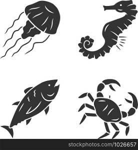Sea animals glyph icons set. Swimming tuna, crab, seahorse, jellyfish. Seafood restaurant menu. Marine fauna. Undersea world inhabitants. Silhouette symbols. Vector isolated illustration