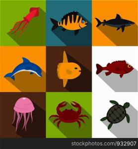 Sea animals icon set. Flat style set of 9 sea animals vector icons for web design. Sea animals icon set, flat style