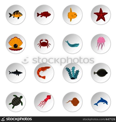 Sea animals icons set in flat style isolated vector icons set illustration. Sea animals icons set in flat style